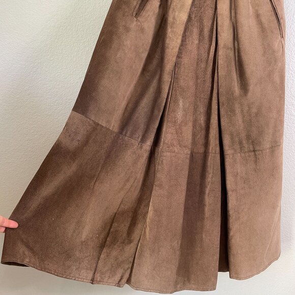 Vintage Outback Red Womens 2 Brown 100% Leather Pleated Midi Skirt Pockets - Picture 4 of 12